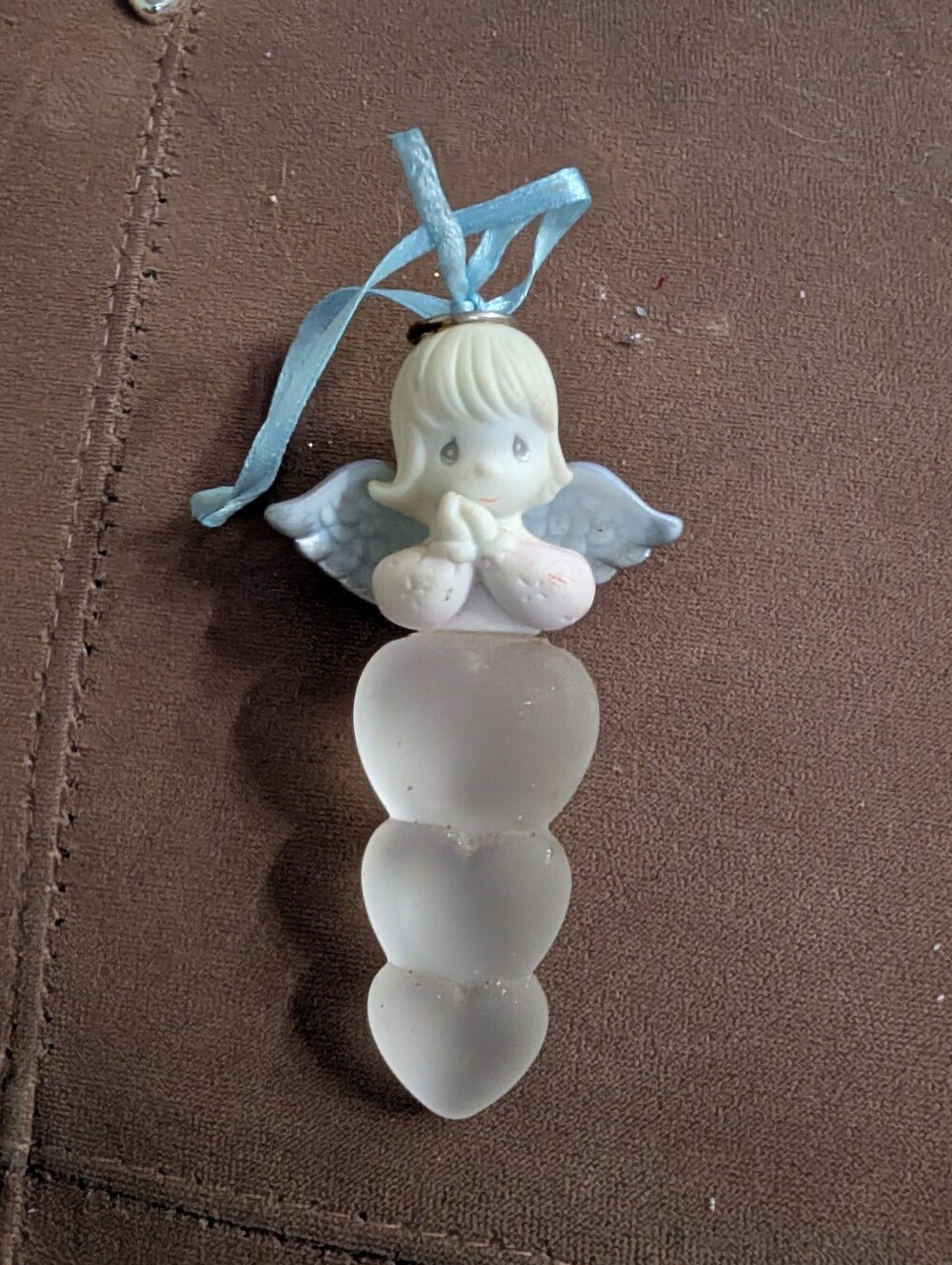 Precious Moments Blue and White Angel Hanging Ornament with Frosted Hearts